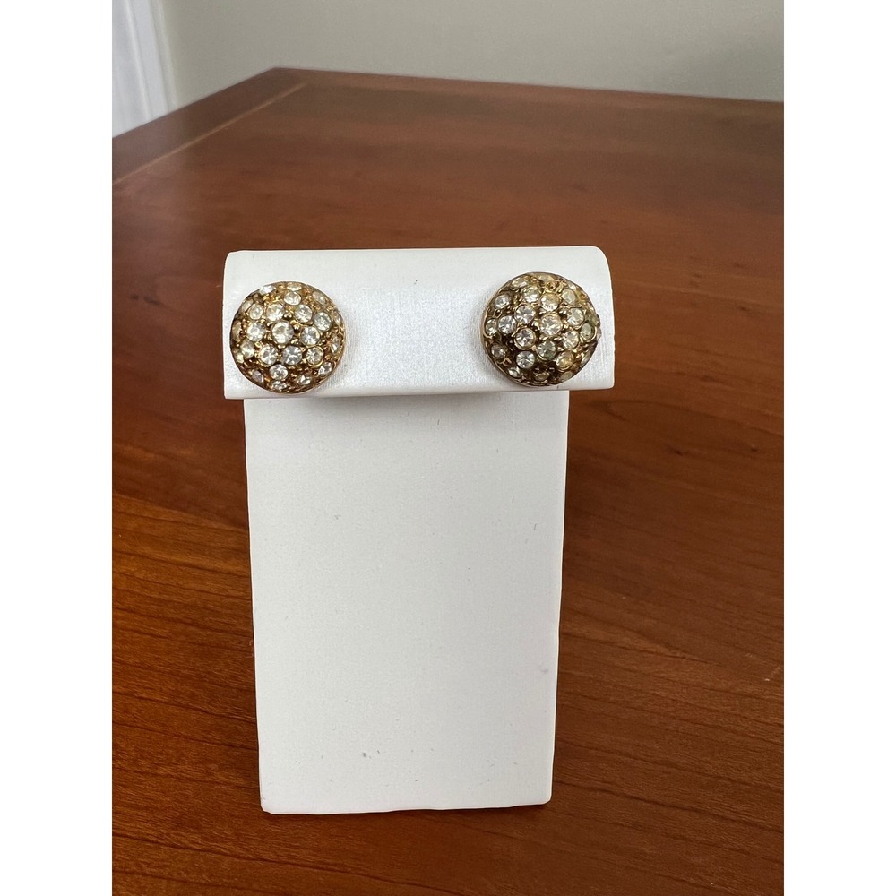Vintage Nolan Miller Gold Tone Rhinestone Pave Dome Stud Earrings Hollywood Glam